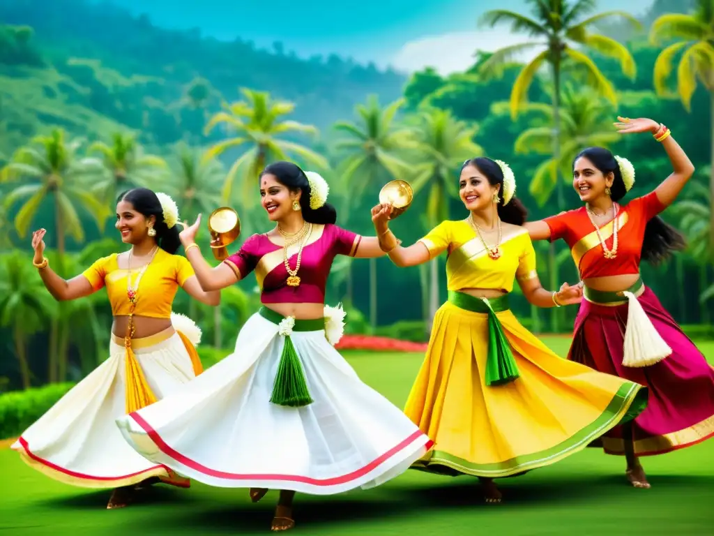 Grupo de artistas en danza Onam, vestidos con colores vibrantes y joyas doradas, expresando el significado cultural de la danza Onam