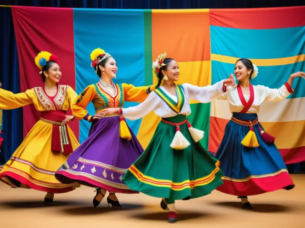 Grupo de artistas que plasman danzas mundiales, celebrando tradiciones culturales con pasión y alegría en un festival vibrante