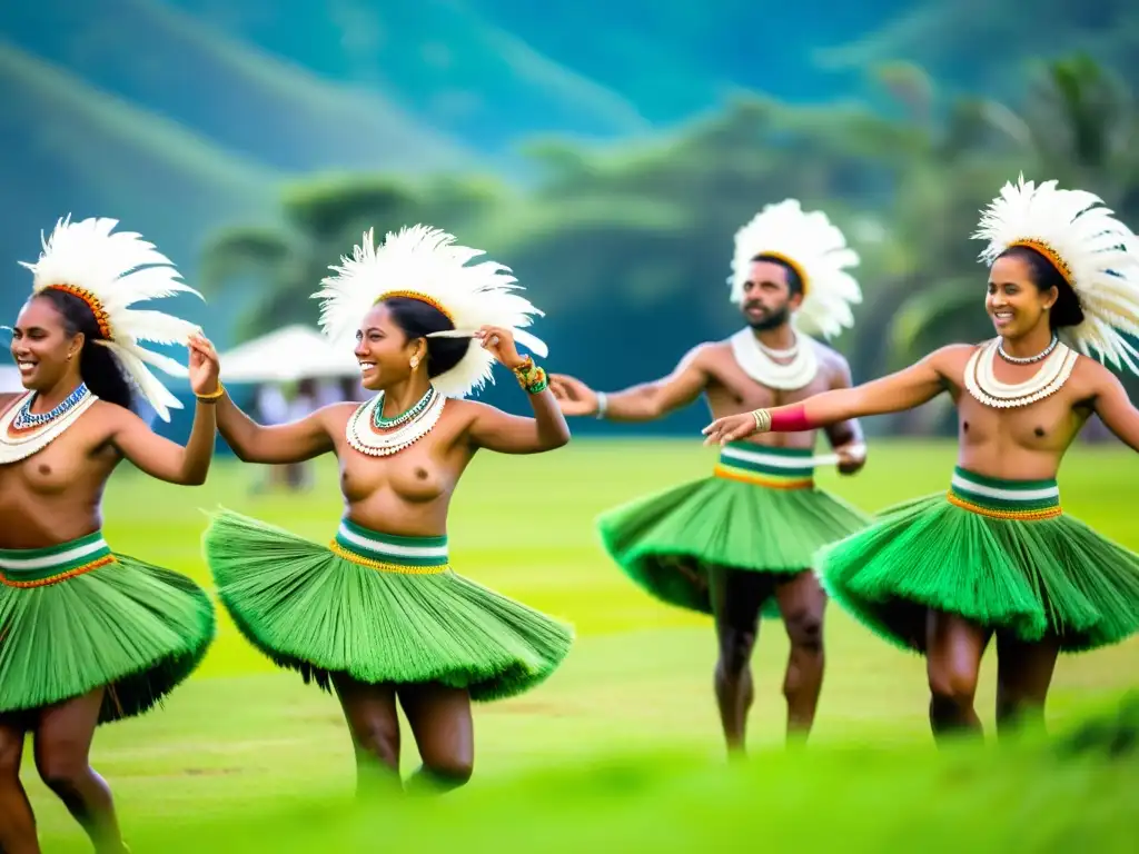 Grupo de artistas fijianos realizando una danza ritual en un campo verde, mostrando la belleza de las ceremonias y danzas tradicionales fijianas