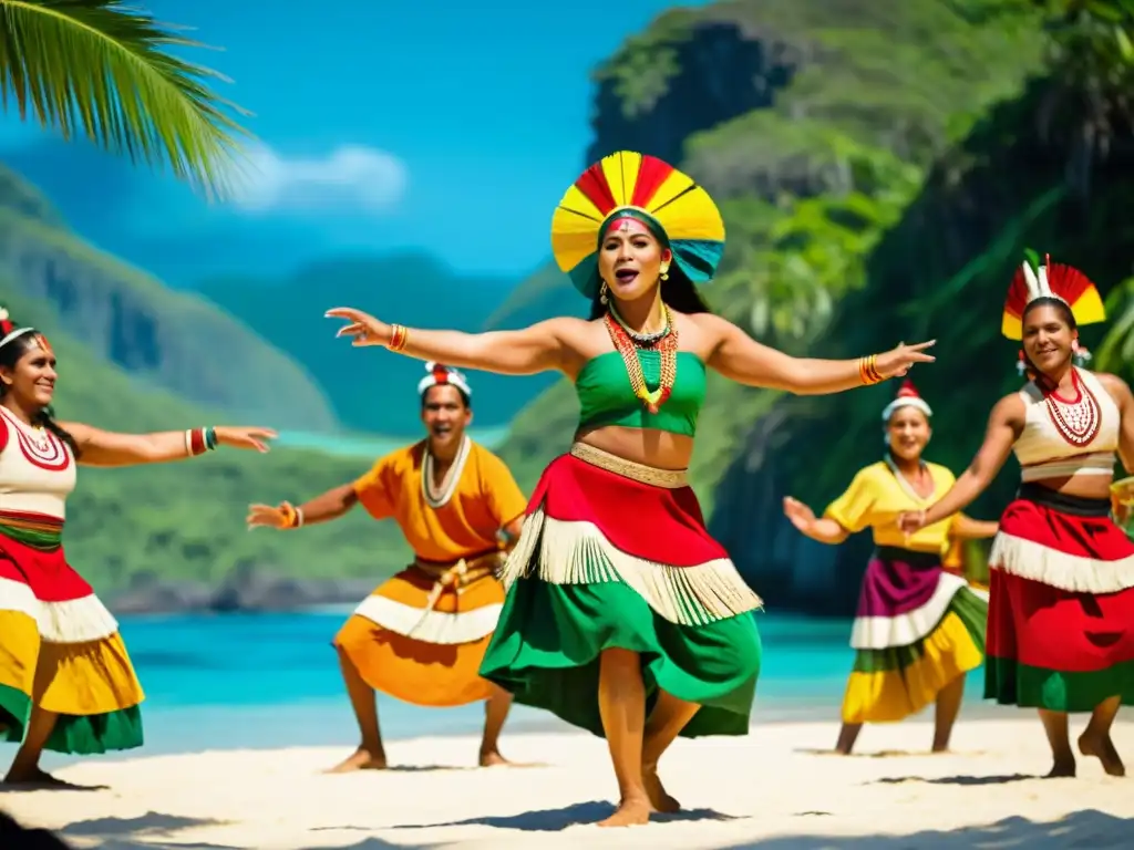 Grupo de artistas indígenas en Oceanía realizando una danza tradicional, mostrando técnicas de narración a través del baile en Oceanía