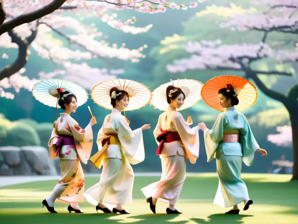 Grupo de artistas japoneses bailando con kimonos y sombrillas bajo los cerezos en flor en el festival Odori Japonés, capturando su significado cultural y belleza atemporal