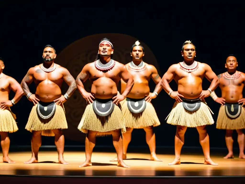 Grupo de artistas maoríes con atuendos tradicionales y tatuajes faciales, realizando una impactante presentación de Kapa Haka