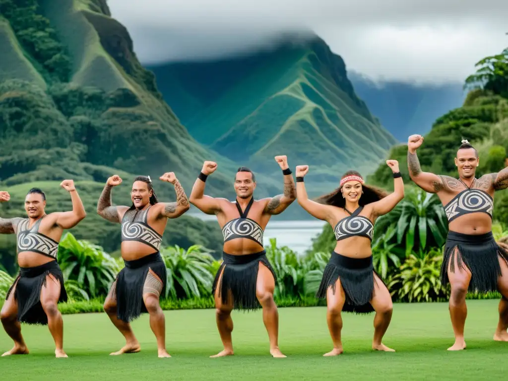 Grupo de artistas maoríes realizando la Danza Haka con orgullo y fuerza, rodeados de la belleza natural de Nueva Zelanda