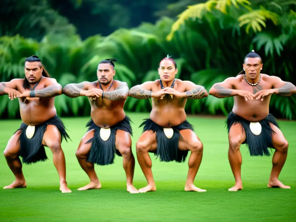 Un grupo de artistas maoríes ejecutando el Haka con intensidad y orgullo, vestidos con atuendos tradicionales