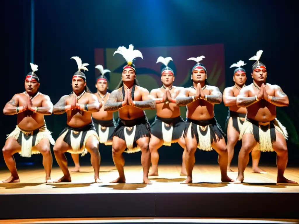 Un grupo de artistas maoríes ejecuta con pasión un dinámico y vigoroso Kapa Haka, mostrando el significado cultural del arte maorí