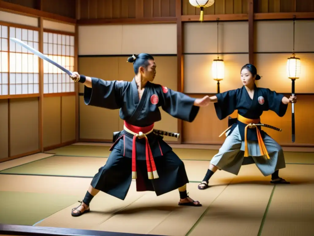 Un grupo de artistas marciales japoneses ejecutando con gracia la danza de espadas japonesas, conocida como 'kembu' o 'iaijutsu', en un dojo bellamente decorado