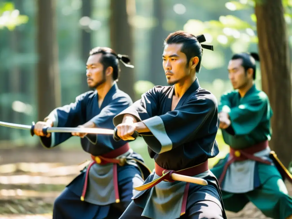 Grupo de artistas marciales okinawenses practicando la danza de espadas con precisión y gracia en un claro del bosque