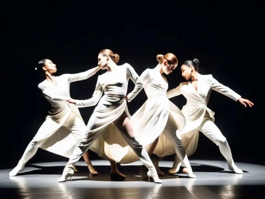 Grupo de artistas en movimiento expresivo, vestidos de blanco, rostros ocultos, en un escenario oscuro