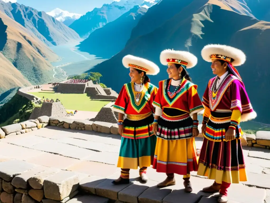 Grupo de artistas peruanos en trajes incas en celebración cultural Inti Raymi Perú