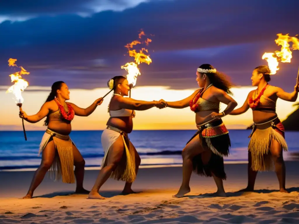 Grupo de artistas samoanos ejecutando la danza del Ailao Afi al atardecer en la playa, con el océano de fondo