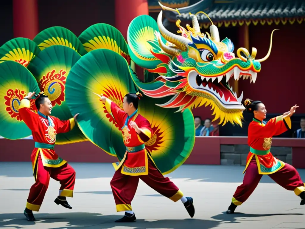 Grupo de artistas en trajes coloridos de la danza del dragón chino, realizando movimientos dinámicos y energéticos