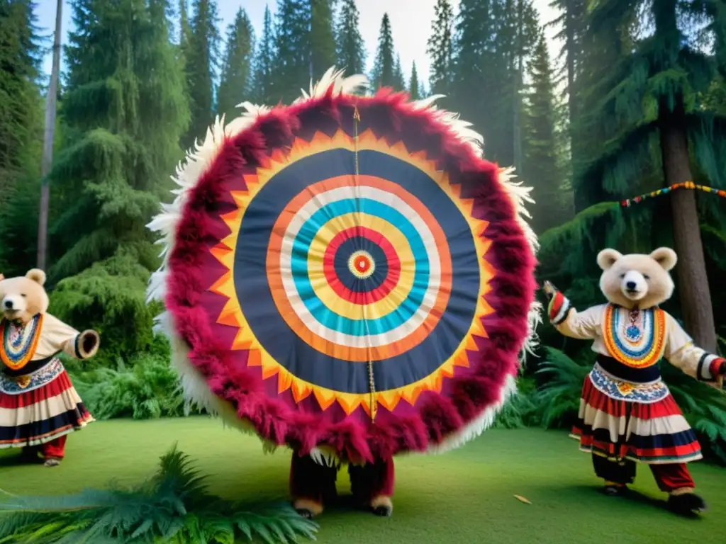 Grupo de artistas con trajes de oso en la Danza del Oso ritual pagano, danzando en el bosque al atardecer