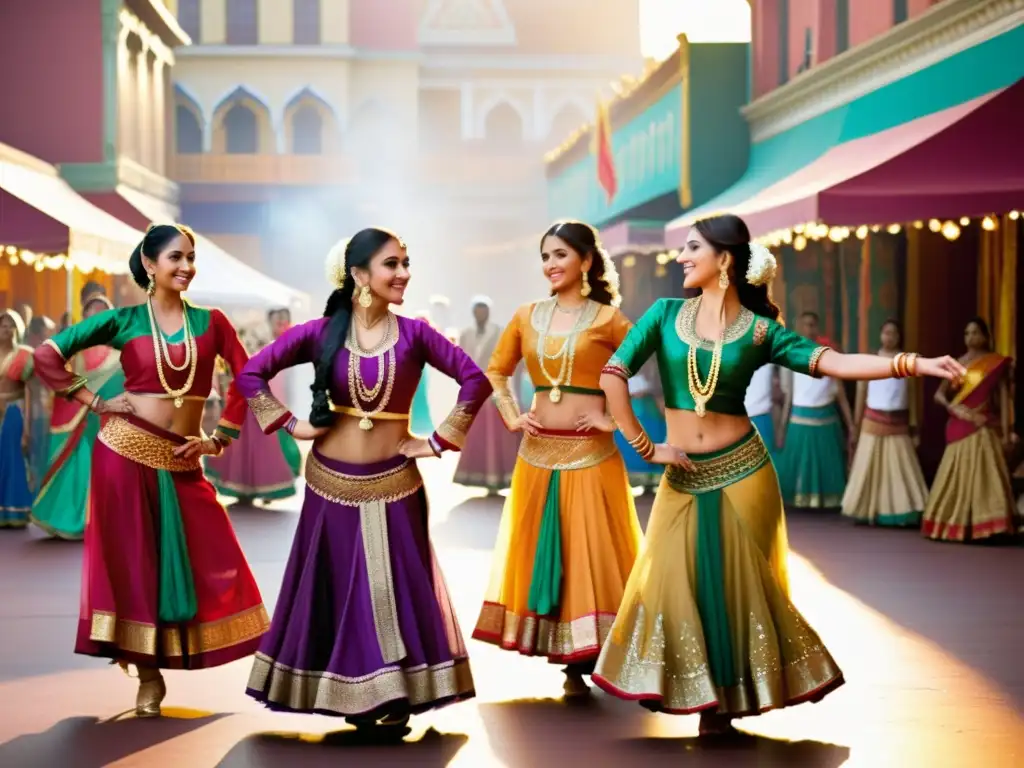 Un grupo de artistas con trajes tradicionales de la India bailando en el Simposio de Cine Danzado, capturando la esencia vibrante de Bollywood