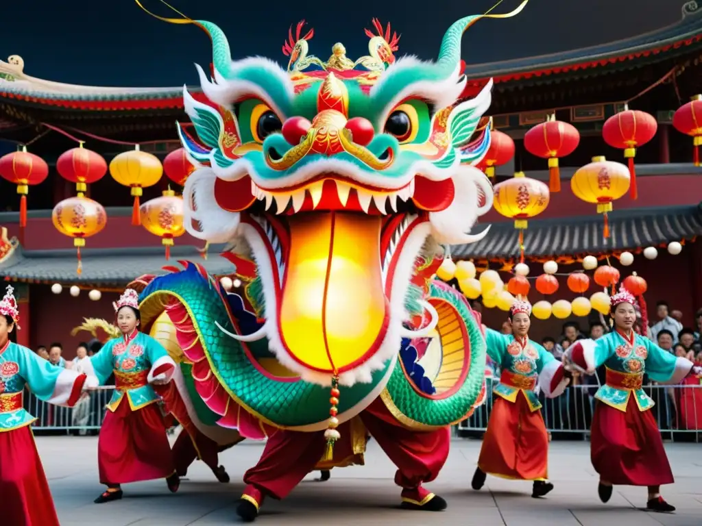 Grupo de artistas en trajes tradicionales de danza del dragón chino, maniobrando con gracia un elaborado dragón entre una multitud entusiasta