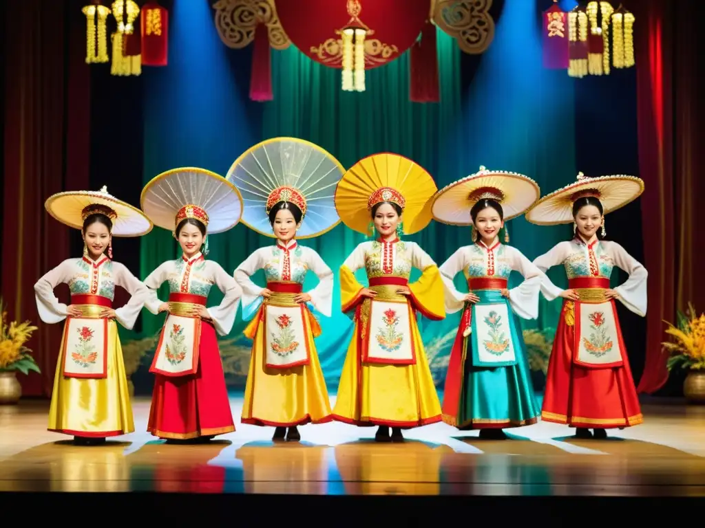 Grupo de artistas de Cai Luong en trajes tradicionales vietnamitas, bailando con significado cultural Cai Luong Vietnamita