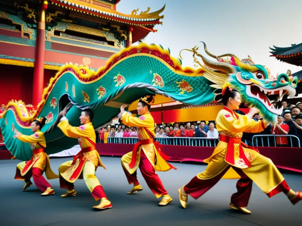 Grupo de artistas en vibrantes trajes de danza del dragón, saltando y retorciéndose en Qingdao, en el Festival de Danza del Dragón Qingdao