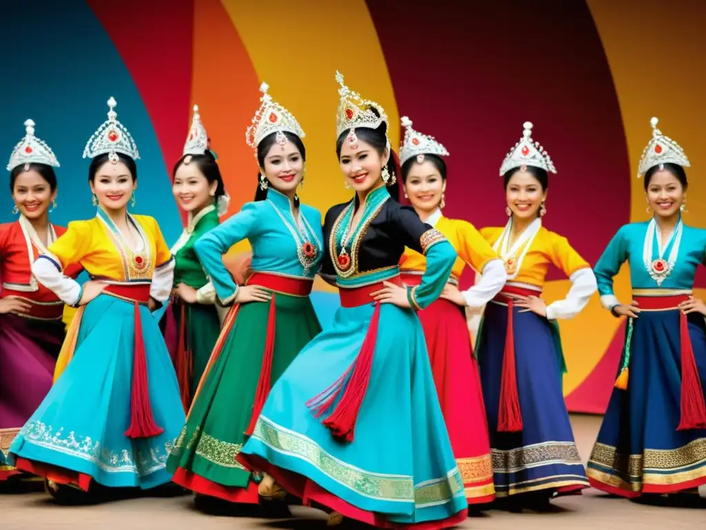 Grupo de artistas en vibrantes trajes tradicionales, congelados en una pose dinámica y enérgica