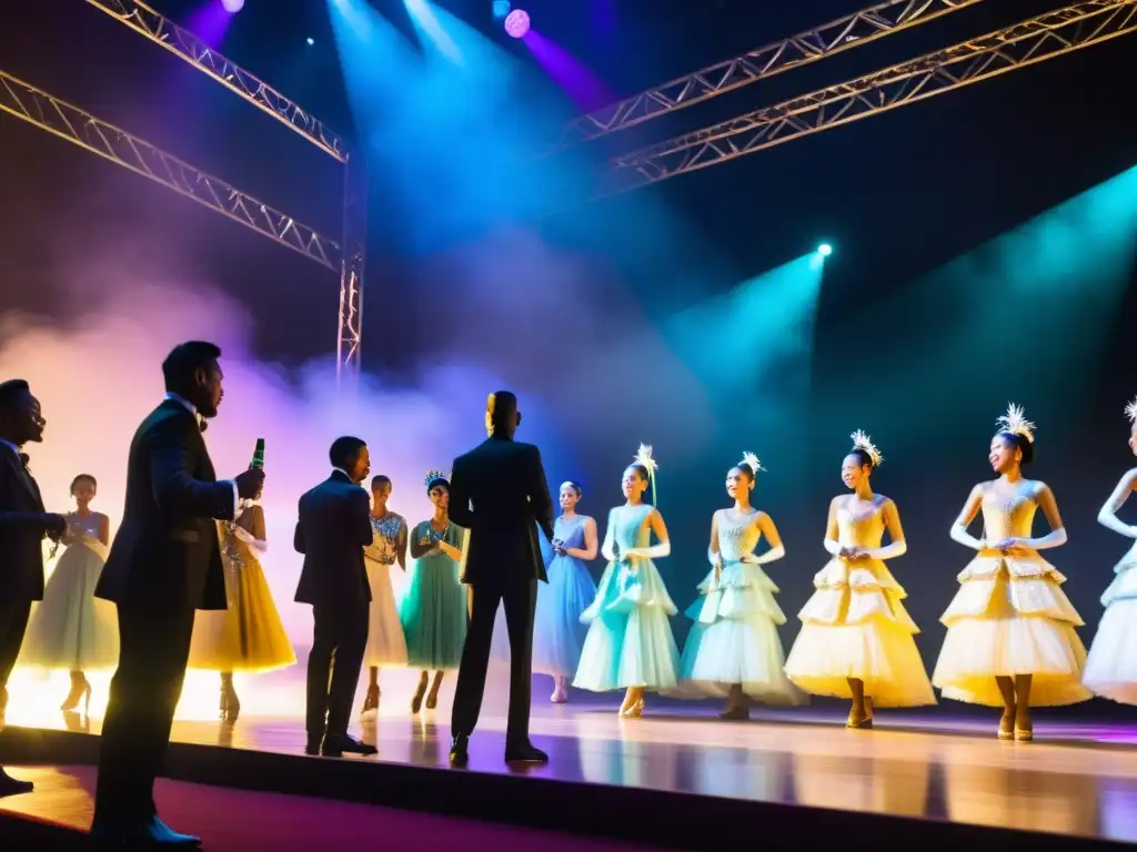 Grupo de asistentes VIP en festival de danza, disfrutando de la actuación y los beneficios de los paquetes VIP