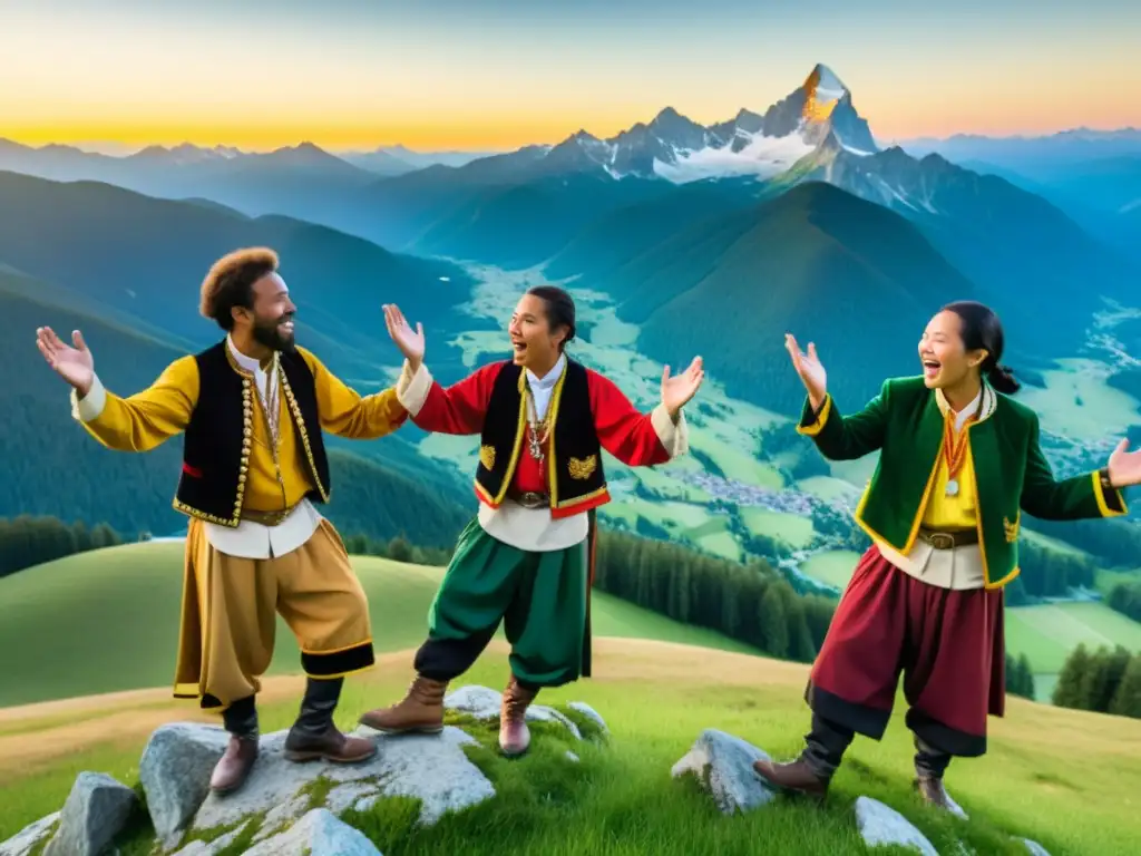 Grupo de yodelers alpinos cantando al atardecer en la cima de la montaña