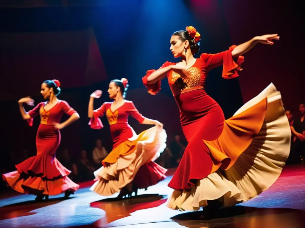 Grupo de bailaores de flamenco en el escenario, con trajes vibrantes, expresiones apasionadas y movimientos elegantes