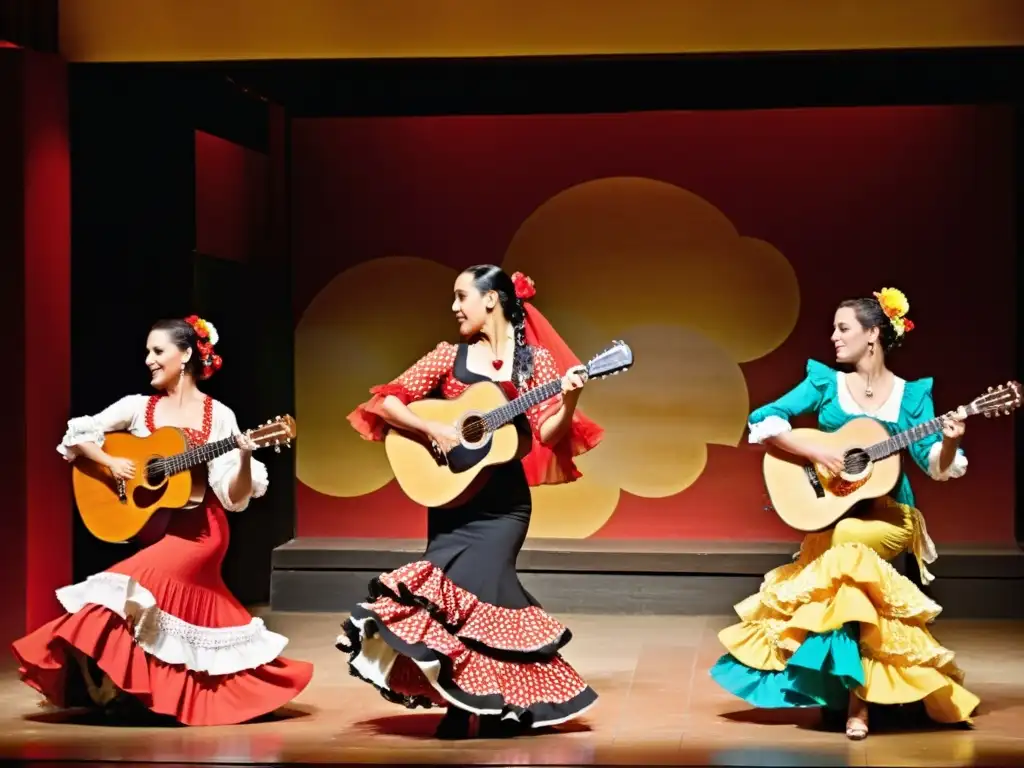 Grupo de bailaores de flamenco en la Feria de Abril, expresando la riqueza cultural y emocional del baile español