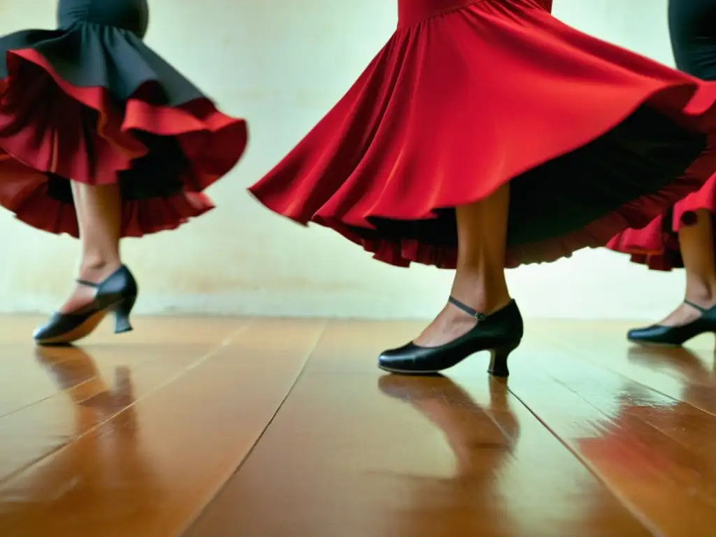 Grupo de bailaores de flamenco practicando movimientos de pies en un estudio tradicional, transmitiendo la pasión y energía del arte del flamenco