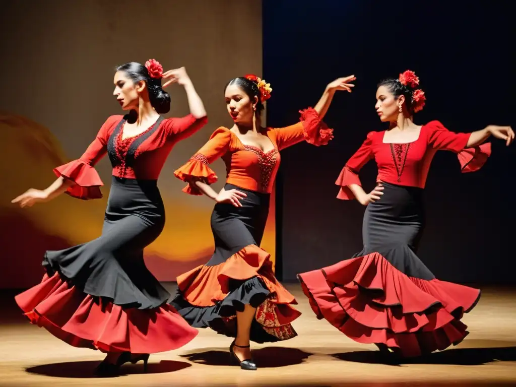 Un grupo de bailaores de flamenco, vistiendo trajes tradicionales vibrantes, interpretando apasionadamente en un escenario tenue