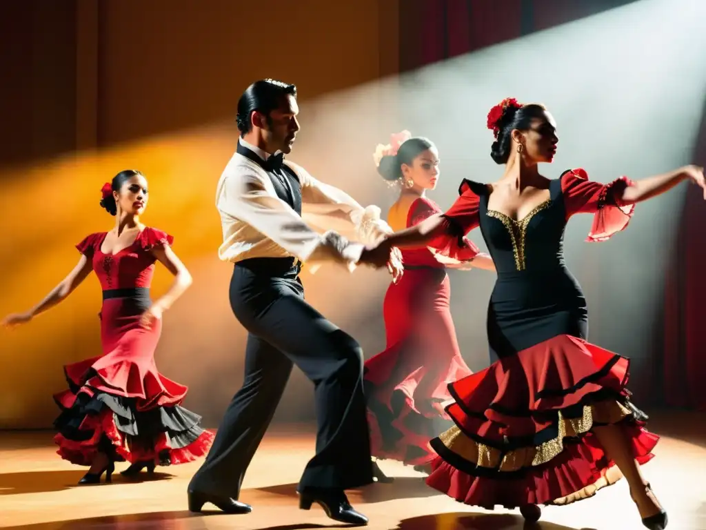 Grupo de bailaores de flamenco en trajes tradicionales, realizando un apasionado fandango andaluz que captura el significado cultural del baile