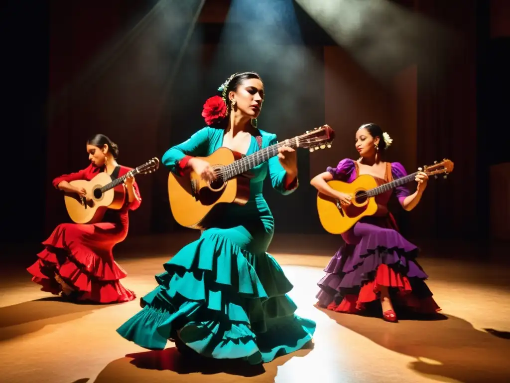 Grupo de bailaores y músicos de flamenco, vistiendo trajes vibrantes, envueltos en pasión y energía