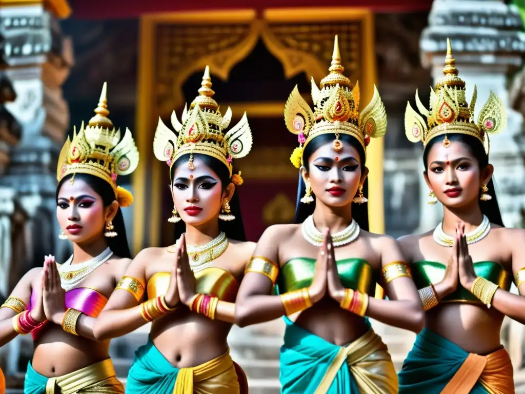 Grupo de bailarinas Apsara en trajes tradicionales realizando danza en templo camboyano, capturando el significado cultural danza Apsara camboyana