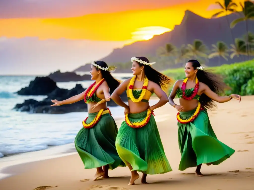 Grupo de bailarinas de hula actuando al atardecer en una playa de Hawái, con la vibrante filosofía detrás de la Danza Hula Hawai