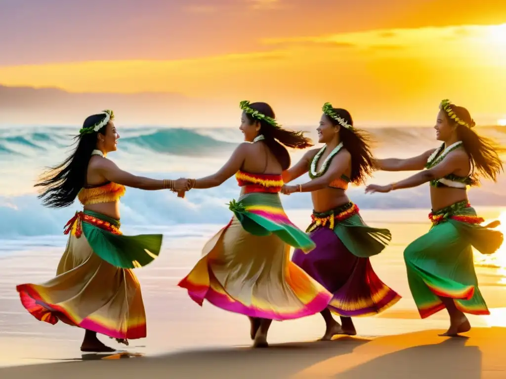 Un grupo de bailarinas de hula danzando al atardecer en la playa, con sus trajes tradicionales destacando en el cielo dorado