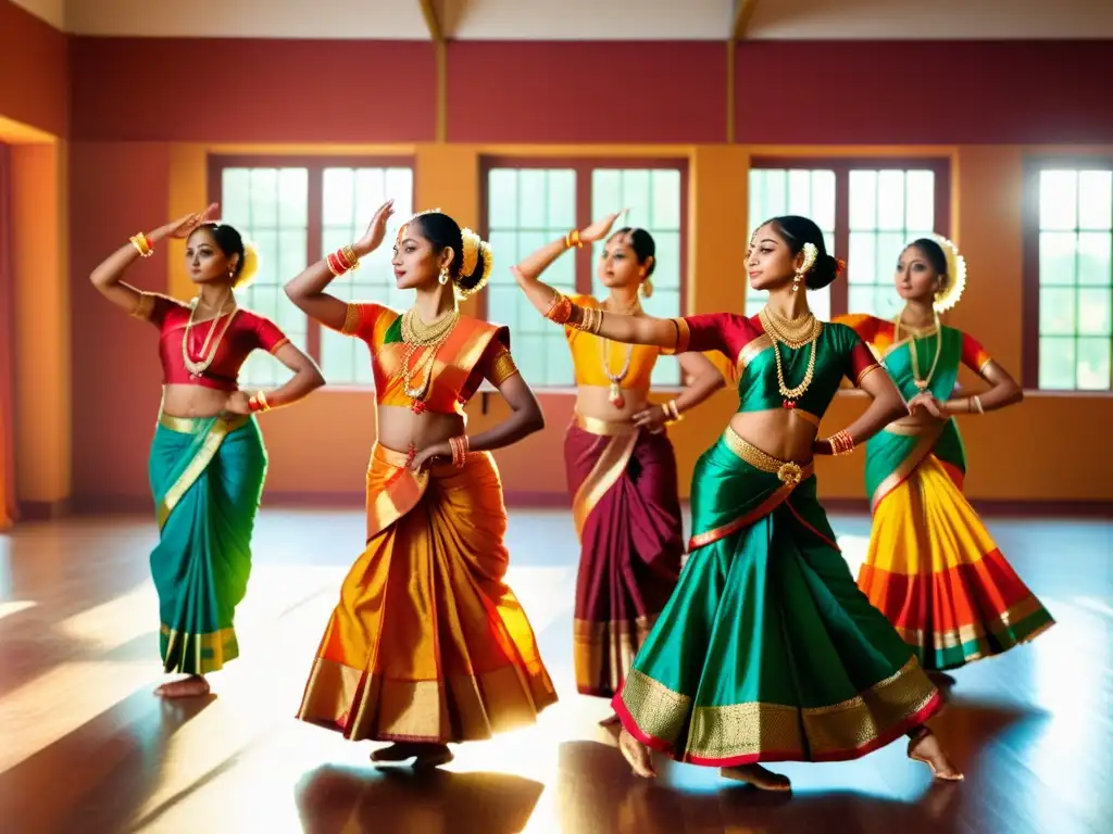 Grupo de bailarinas de Bharatanatyam en trajes coloridos y joyería, realizando elegantes gestos y expresiones faciales en un estudio de danza adornado