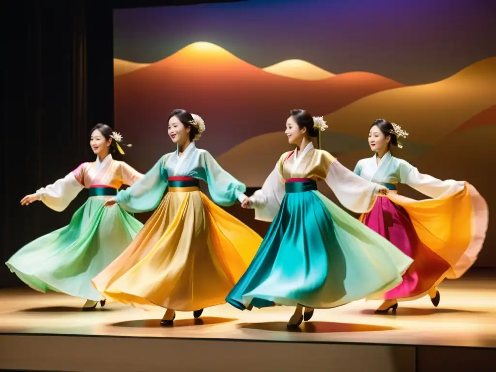 Grupo de bailarinas coreanas en hanbok de seda, danza elegante y profunda