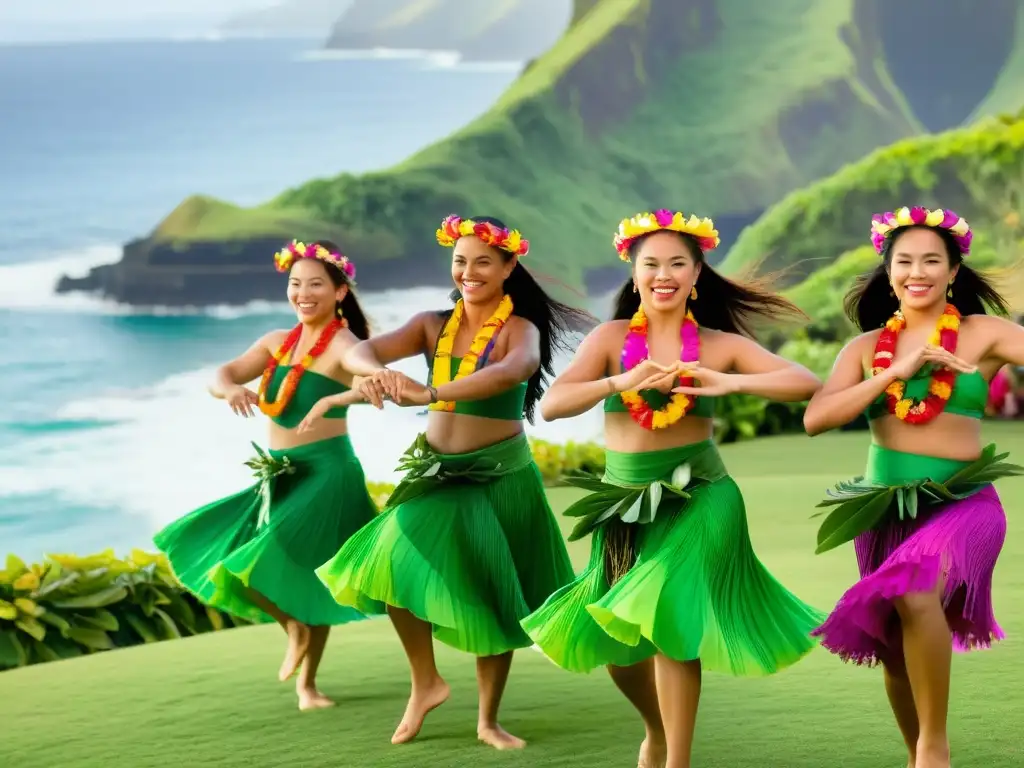 Un grupo de bailarinas de hula ejecutan su danza en un escenario natural frente al océano, vistiendo trajes tradicionales y coloridos