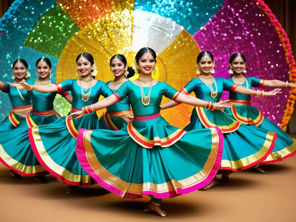 Un grupo de bailarinas de Lavani danza folclórica Maharashtra, con trajes tradicionales coloridos, movimientos gráciles y expresiones llenas de energía, creando un espectáculo visual vibrante