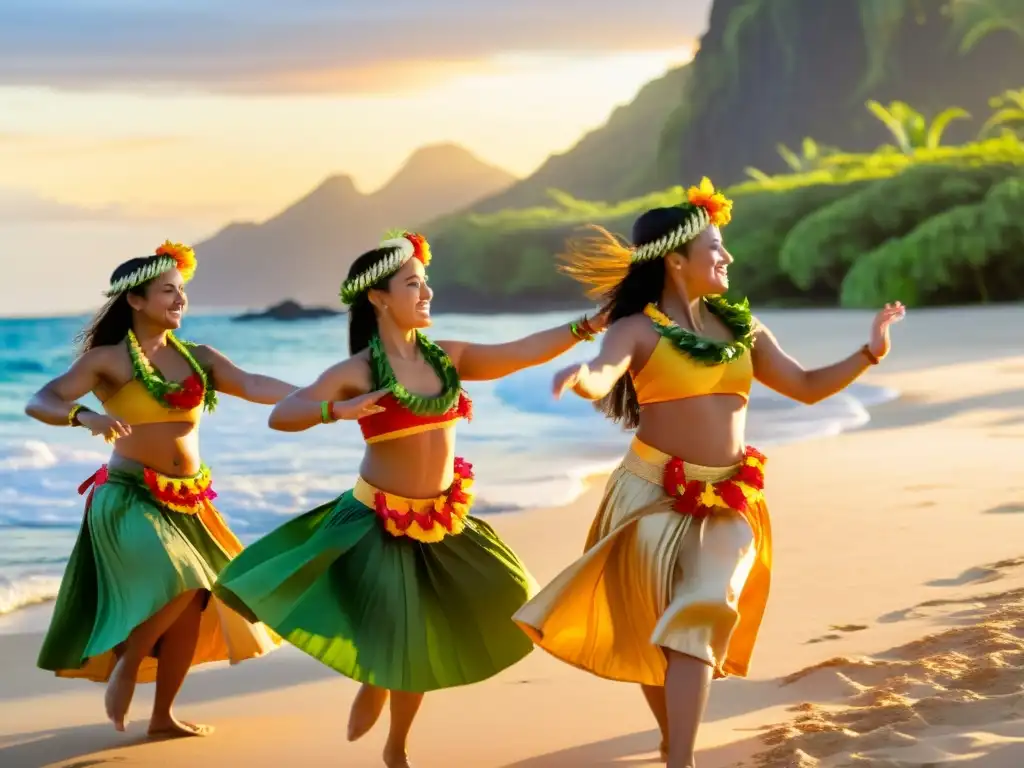 Grupo de bailarinas de hula realizando danza hawaiana espiritual al atardecer en la playa