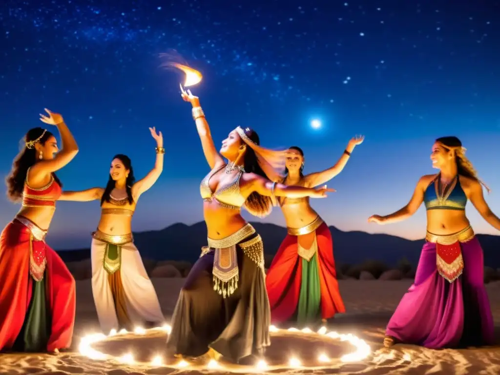 Espectáculo de danza tribal bajo el cielo estrellado Grupo de bailarinas de danza del vientre tribal actuando bajo un cielo estrellado, fusionando orígenes culturales y movimientos vibrantes