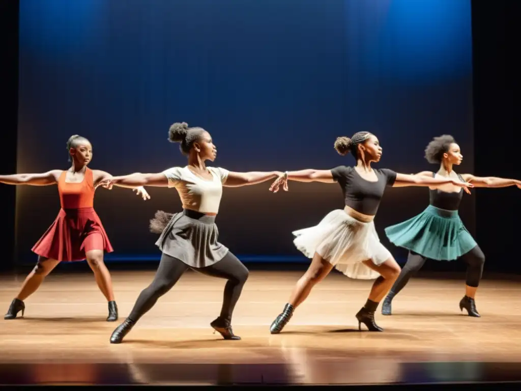 Grupo de bailarinas diversas ejecutando una potente danza contemporánea, simbolizando la transformación de la danza tradicional a través del feminismo