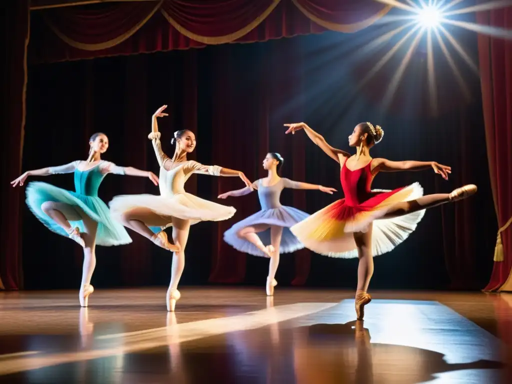 Un grupo de bailarinas elegantes en vibrantes trajes danzan en un escenario iluminado por el sol, capturando un momento de gracia y belleza