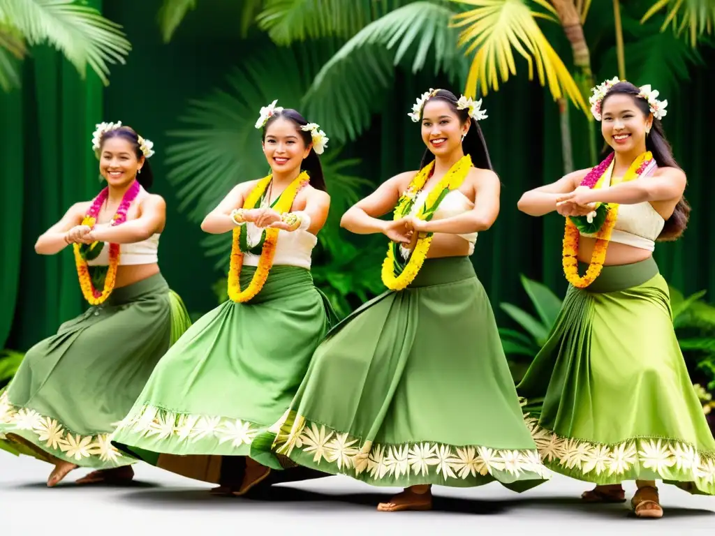 Un grupo de bailarinas hula en un escenario verde exuberante, rodeado de flores y palmeras