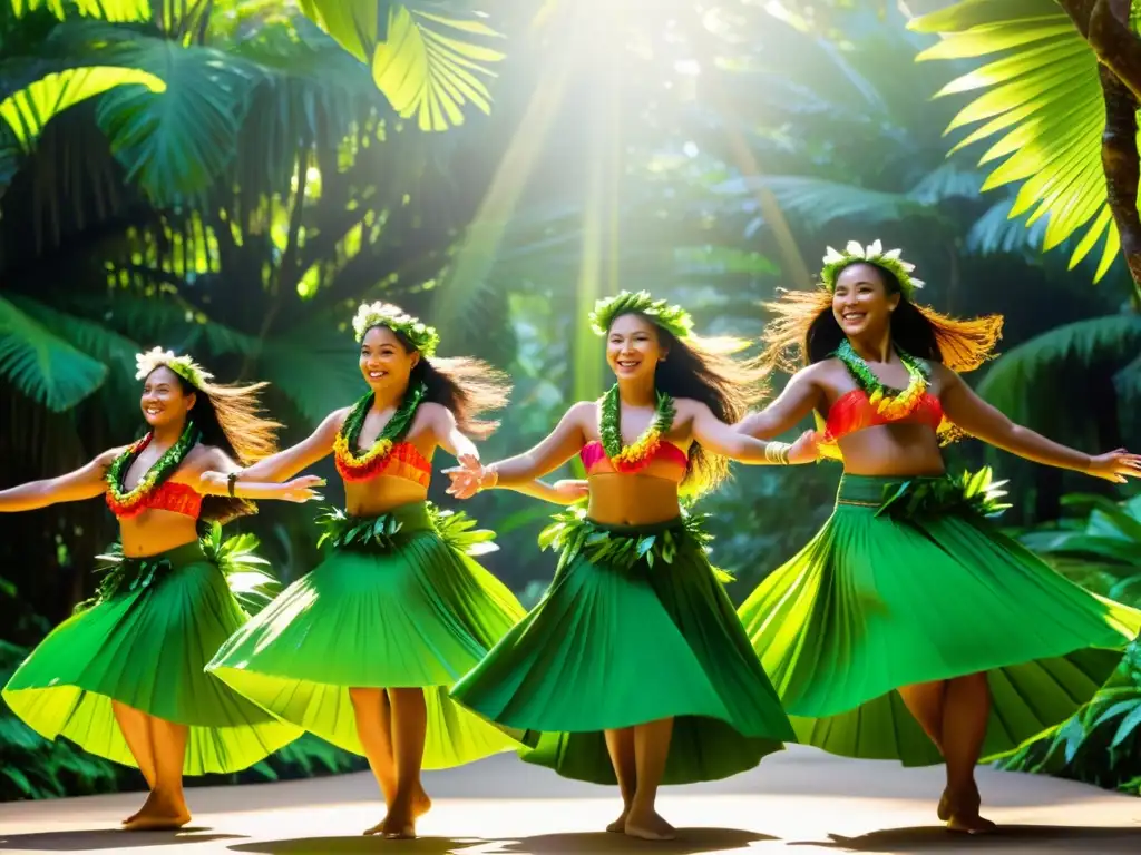 Grupo de bailarinas de hula danzando en un exuberante bosque tropical, representando la filosofía detrás de la Danza Hula Hawai