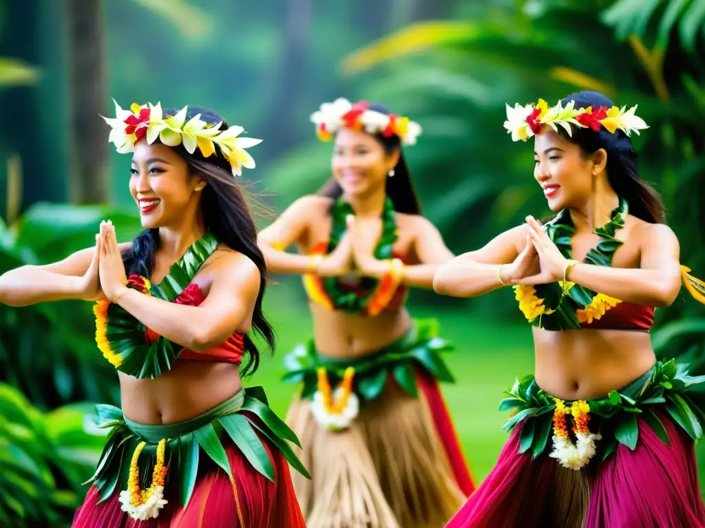 Grupo de bailarinas de hula Kahiko entre exuberante follaje tropical, evocando la rica historia y significado del Hula Kahiko en Hawai