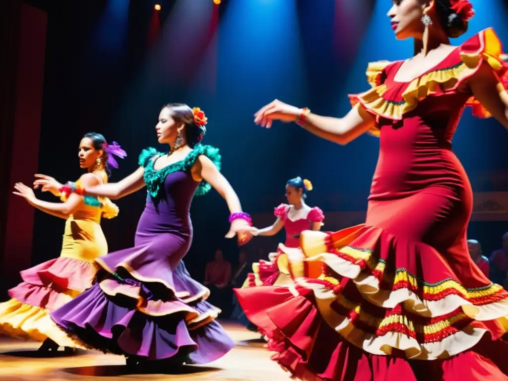 Grupo de bailarinas de flamenco con coloridos trajes y brillantes adornos