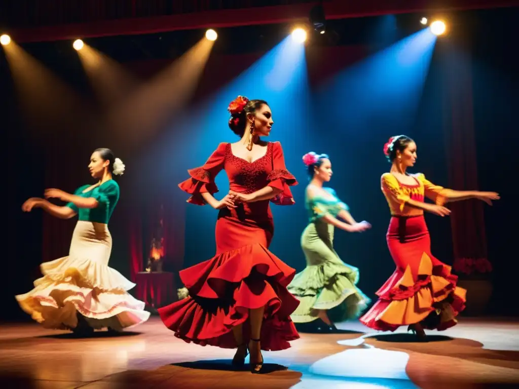 Un grupo de bailarinas de flamenco con trajes coloridos ejecutando una rutina apasionada y enérgica en un escenario iluminado