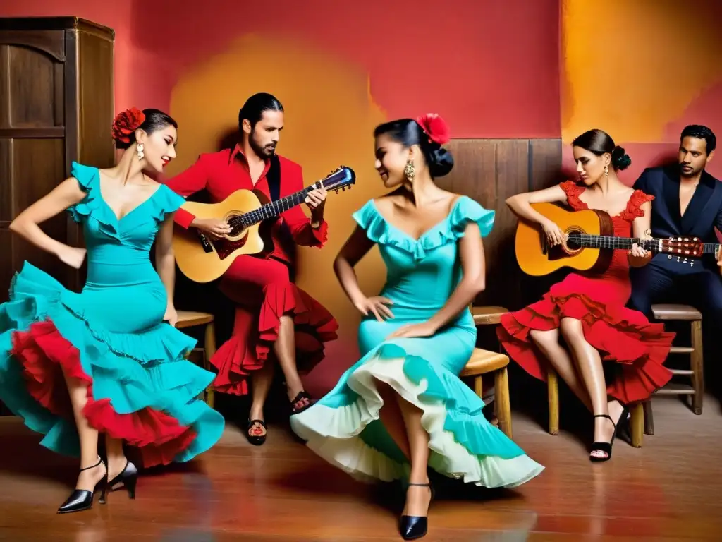 Grupo de bailarinas de flamenco con vestidos vibrantes y movimientos apasionados en una atmósfera tradicional