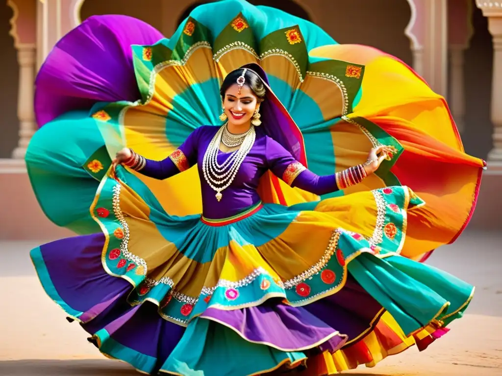 Grupo de bailarinas Ghoomar de Rajastán en trajes tradicionales, danza circular tradicional de India con alegría y coloridos movimientos