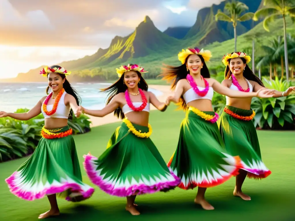 Grupo de bailarinas de hula danzando con gracia y pasión en un exuberante paisaje tropical