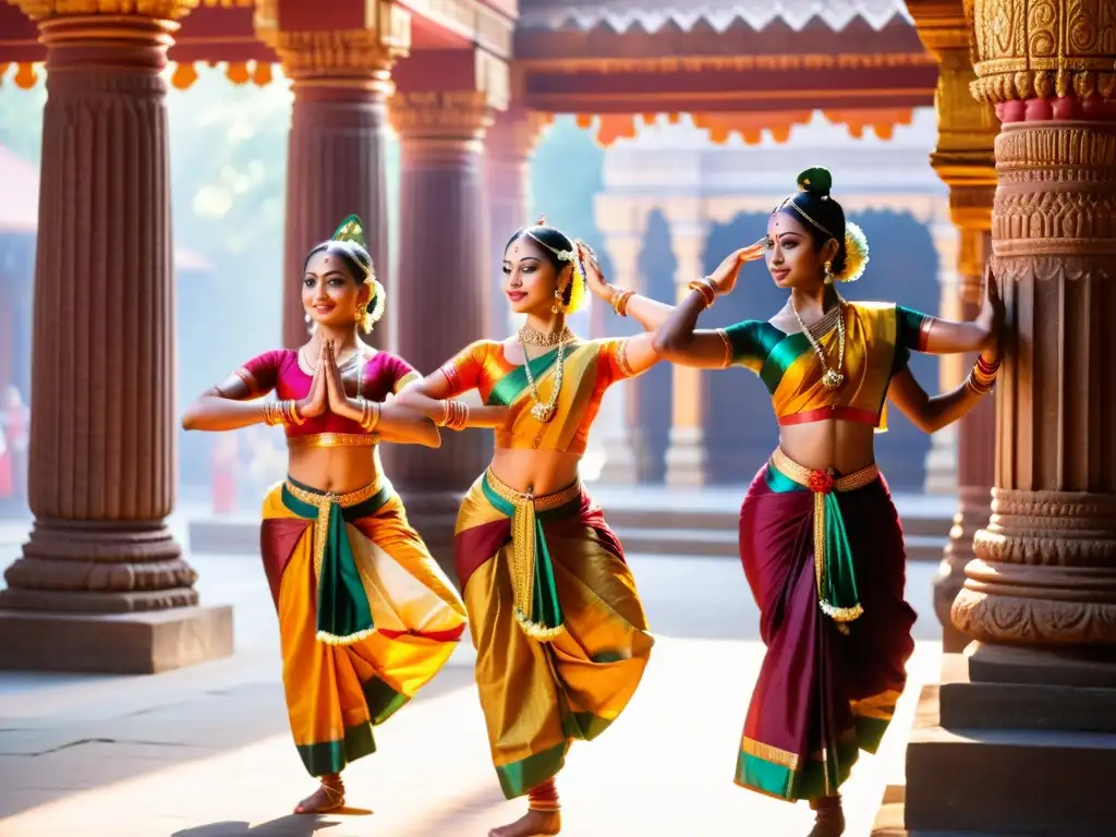 Grupo de bailarinas de Bharatanatyam danzando con gracia en un templo adornado