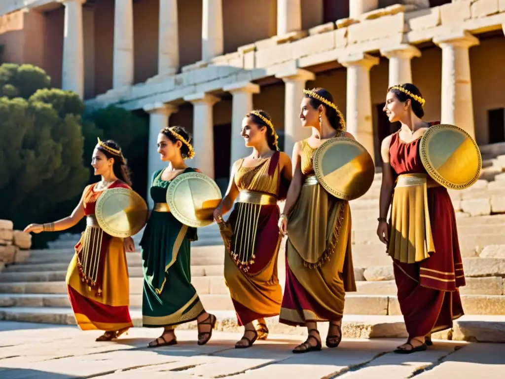 Grupo de bailarinas griegas en chitones tradicionales danzando en un anfiteatro antiguo al atardecer